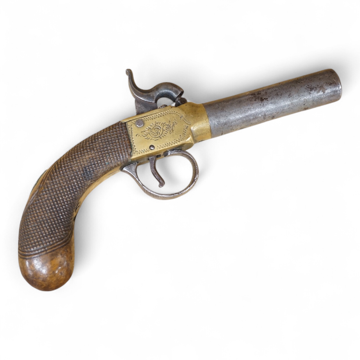 A boxlock percussion pocket pistol with turn off barrel, Birmingham proofs, engraved brass frame, and chequered rounded walnut grip